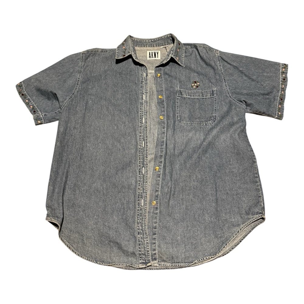 Women's Denim Floral Embroidered Casual Jean Button Down Shirt Size L/XL